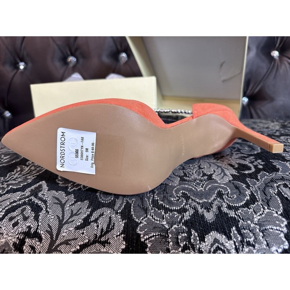 Open Edit Heels 9.5 Orange Cherry Pointed Toe Pump Rhinestone Ankle Chain NIB - Picture 11 of 13
